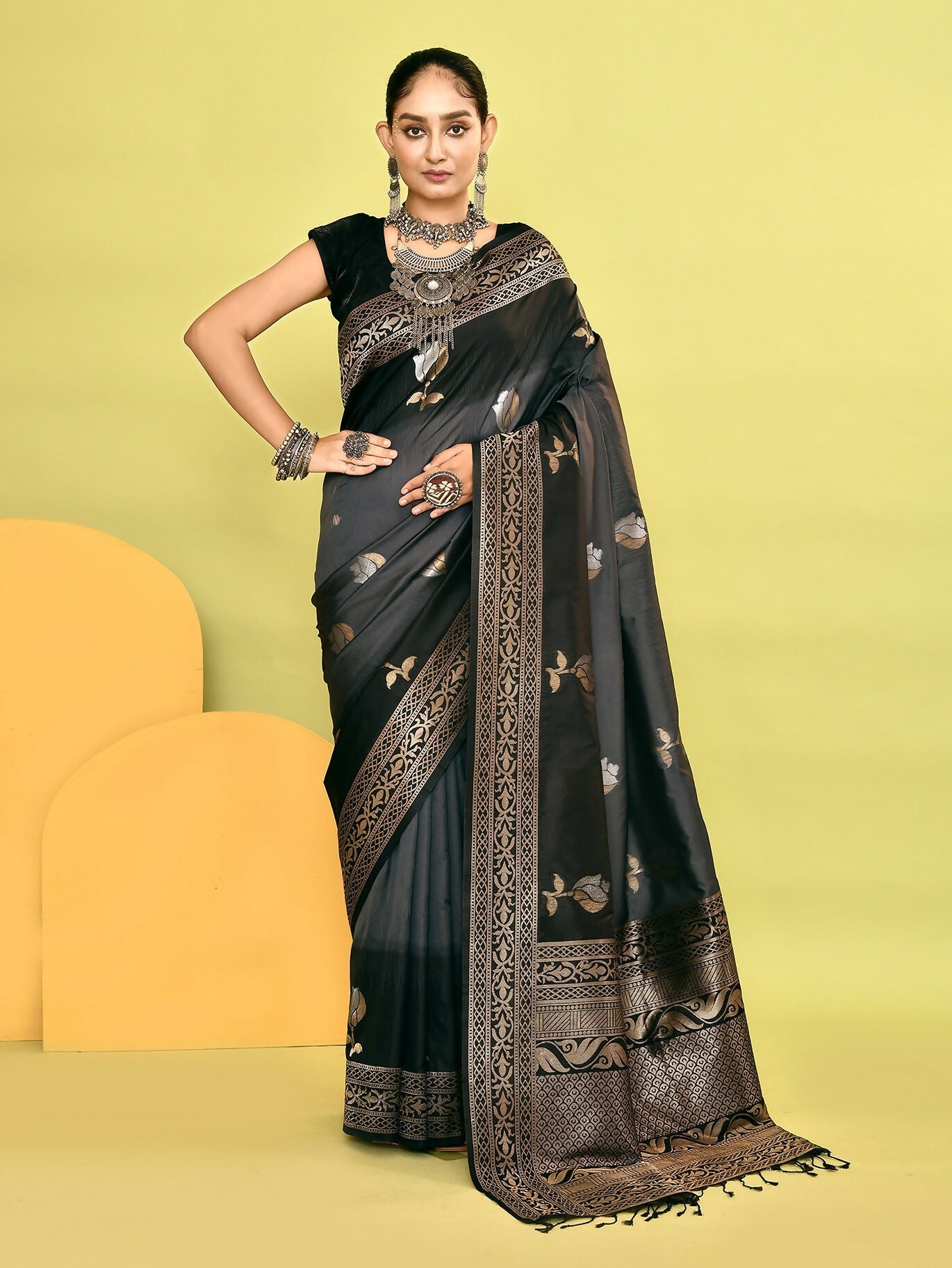 Joban Fashion Grey & Black Plain With Weaving Border Banarasi Silk Sarees | Grocsy