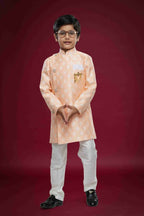 Raivat Ethnic Kids Banarasi Jacquard Woven Work Semi Indo Western Set Peach Colour | Grocsy