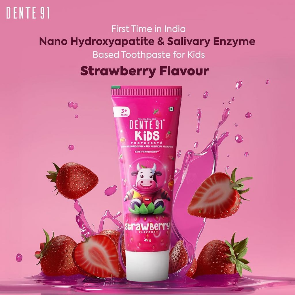 Dente91 Kids Toothpaste Protects Against Dental Caries & Hypersensitivity Fluoride Free Strawberry Flavour | Grocsy