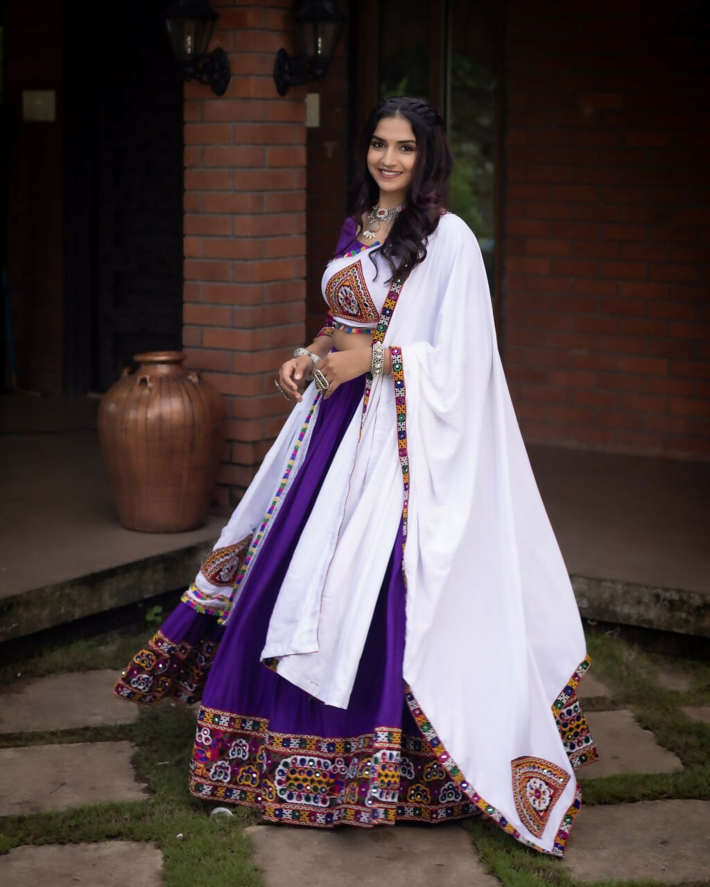 Yash Enterprise Purple White Rayon Cotton Embroidery Semi Stitched Navratri Top Chaniya Choli | Grocsy