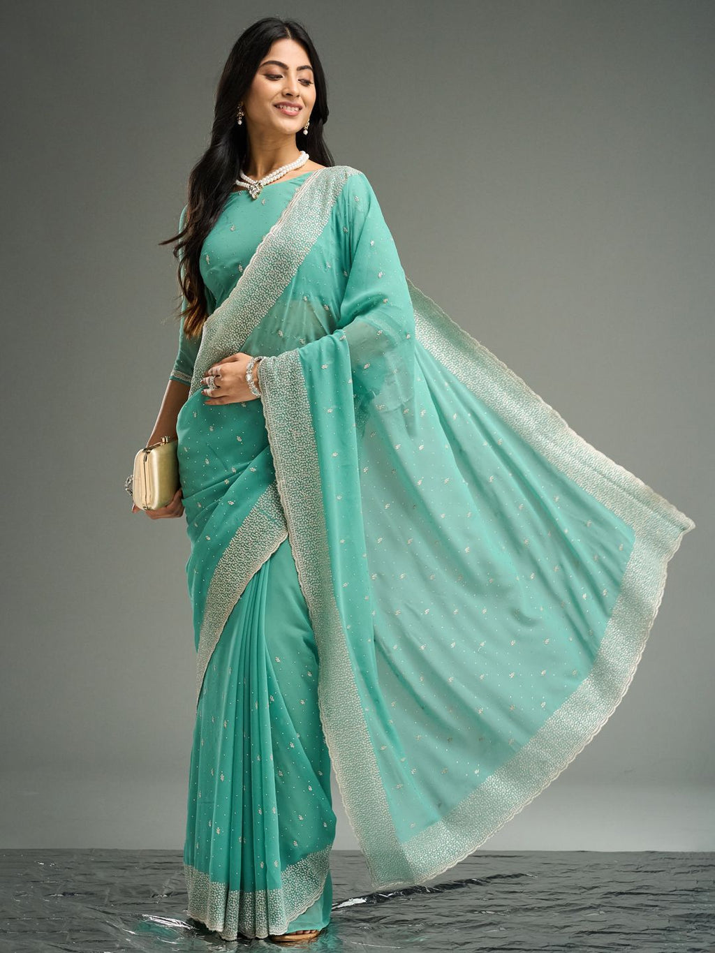 kasee Floral Embroidered Beads and Stones Pure Georgette Saree | Grocsy