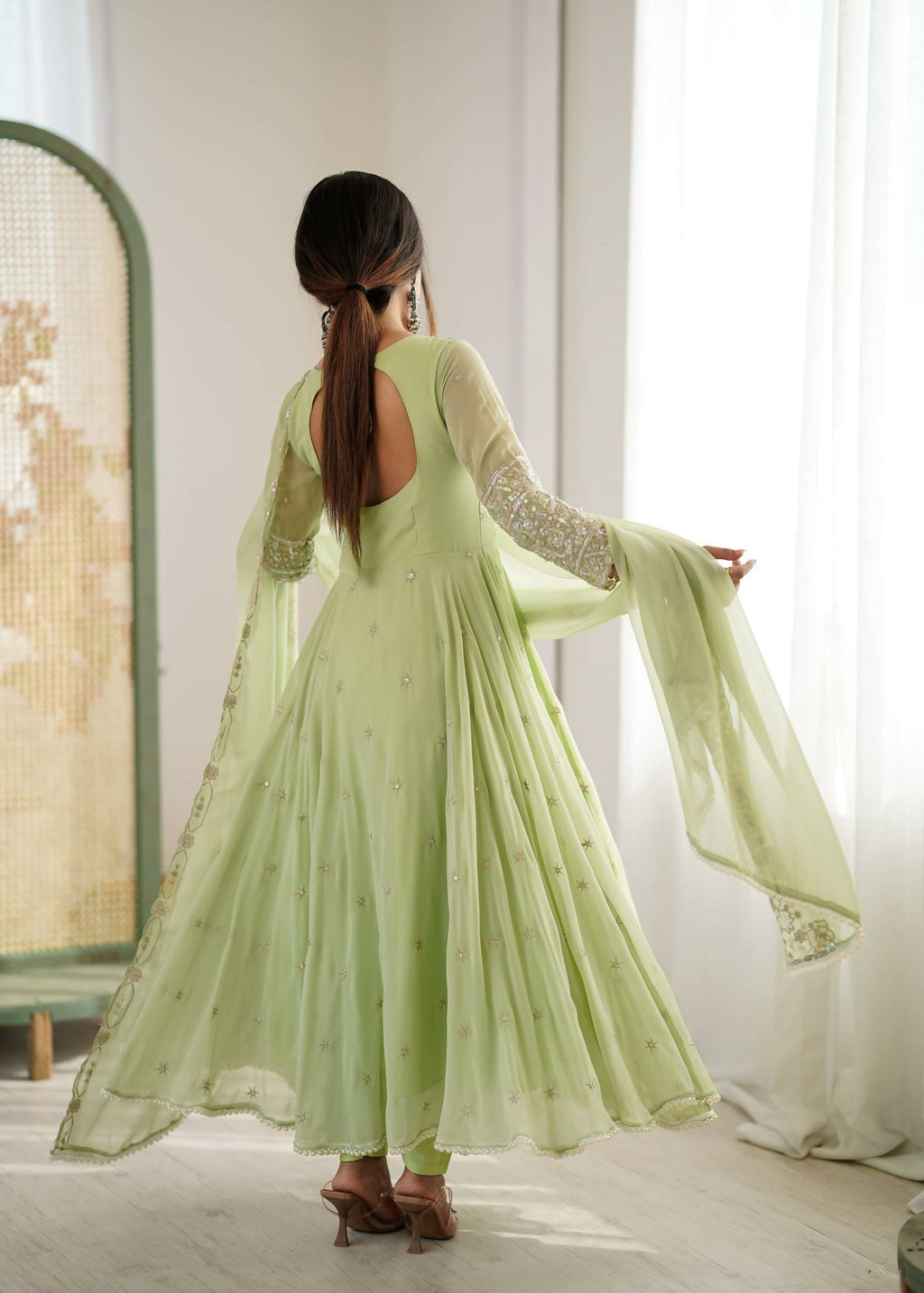 Teeya Creation Pista Color Faux georgette Embroidery Work Wedding Wear Gown | Grocsy