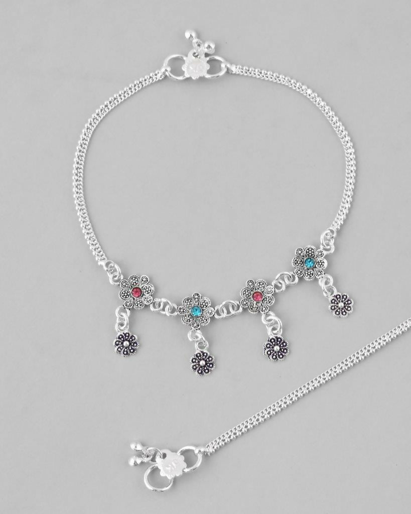 VOJ Set of 2 Silver Plated Flower Shaped Meenakari Anklet | Grocsy