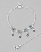 VOJ Set of 2 Silver Plated Flower Shaped Meenakari Anklet | Grocsy