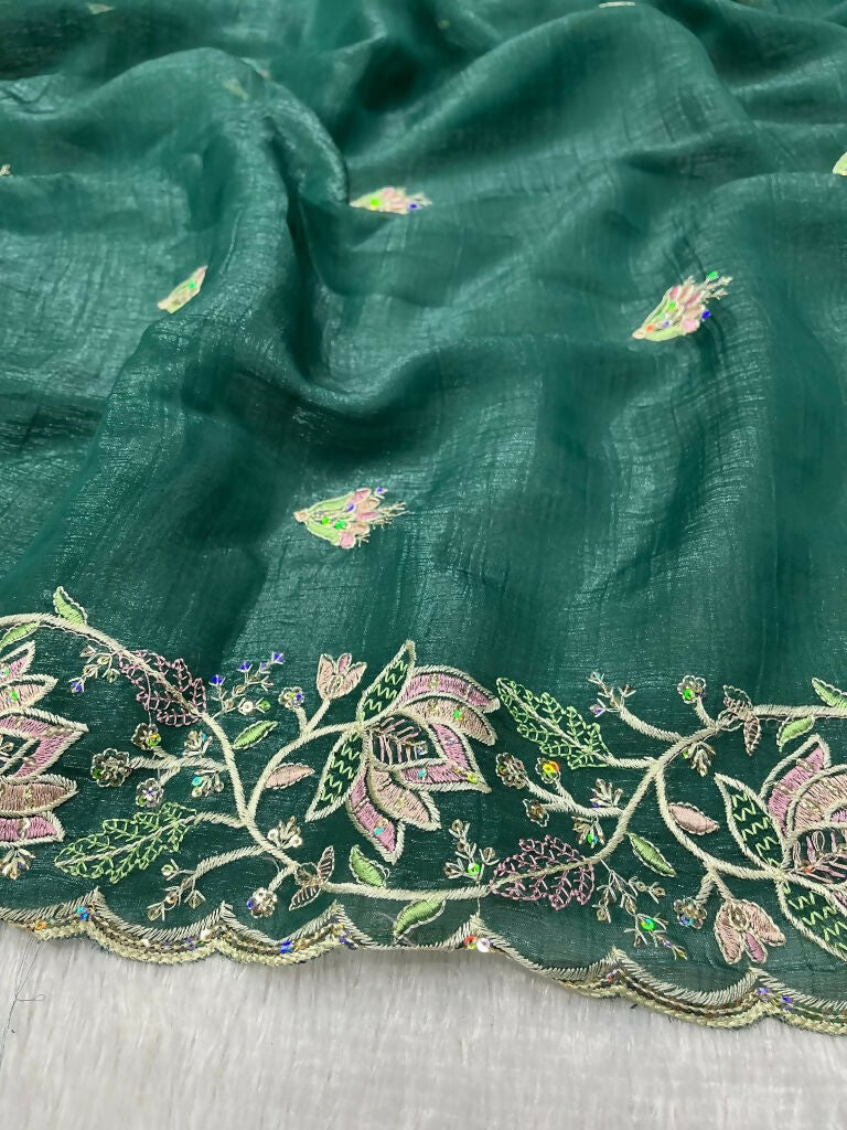 Vastranavya Gold Crunchy Multi Colour Threads Embroidery Work with Sequins Work Saree with Blouse material - Green | Grocsy