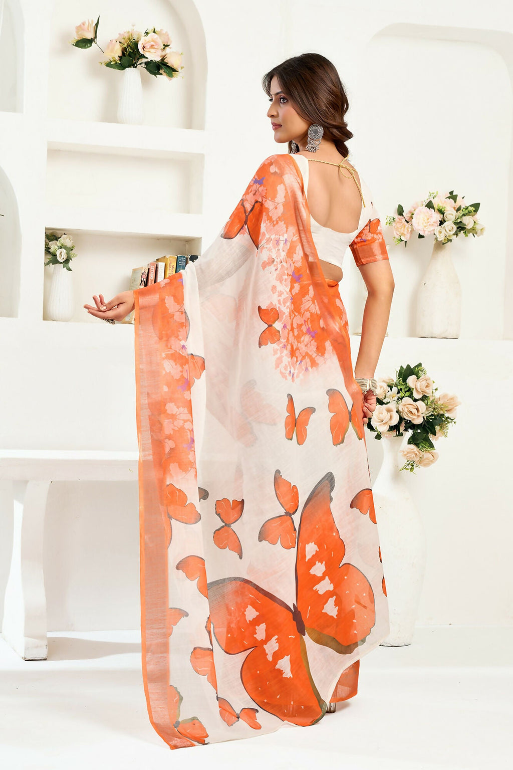 Vastranavya White Orange Digital Printed Linen Ready To Wear Designer Saree with Unstitched Blouse | Grocsy