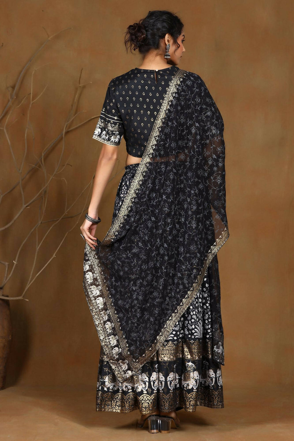 Juniper Women Black Shantoon Embroidered Flared Lehenga Choli Sets | Grocsy