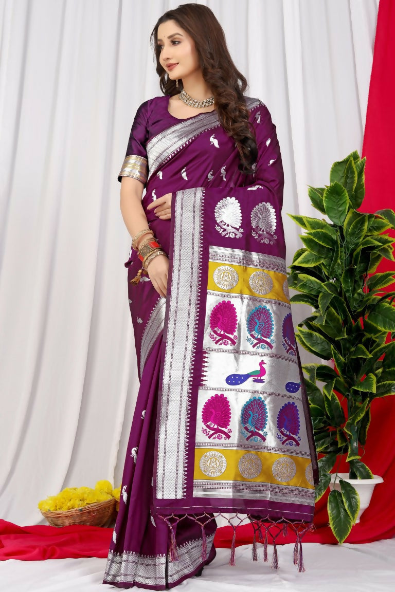 Jyoti Fashion Women's Wine Paithani Silk Zari Woven Saree with Blouse | Grocsy