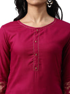 Yufta Women Pink And Golden Pure Cotton Solid Kurta with Palazzo and Dupatta | Grocsy