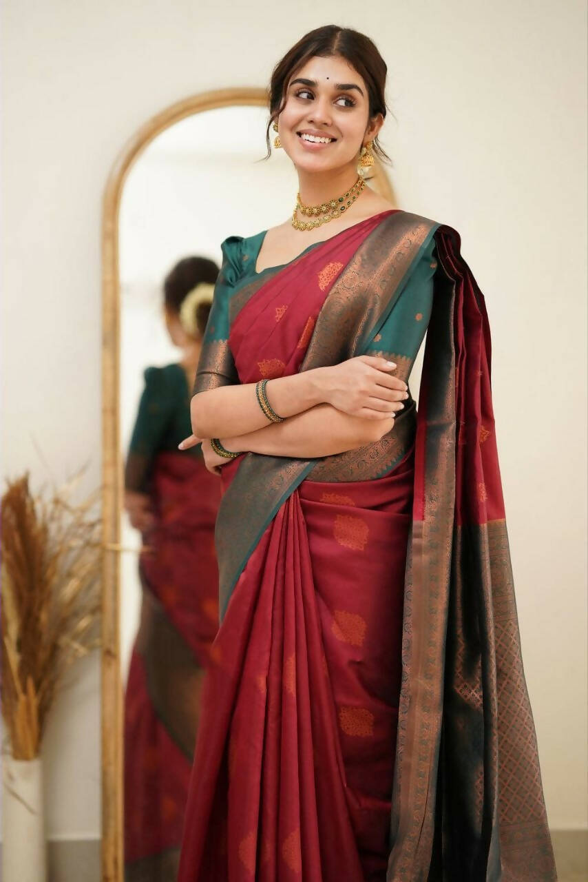 DEIANA'S Beautiful Designer Golden zari Soft Lichi Silk Saree - Maroon | Grocsy