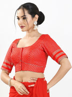 Joban Fashion Red Brocade Padded Blouse With Round Neck Elbow Sleeves | Grocsy