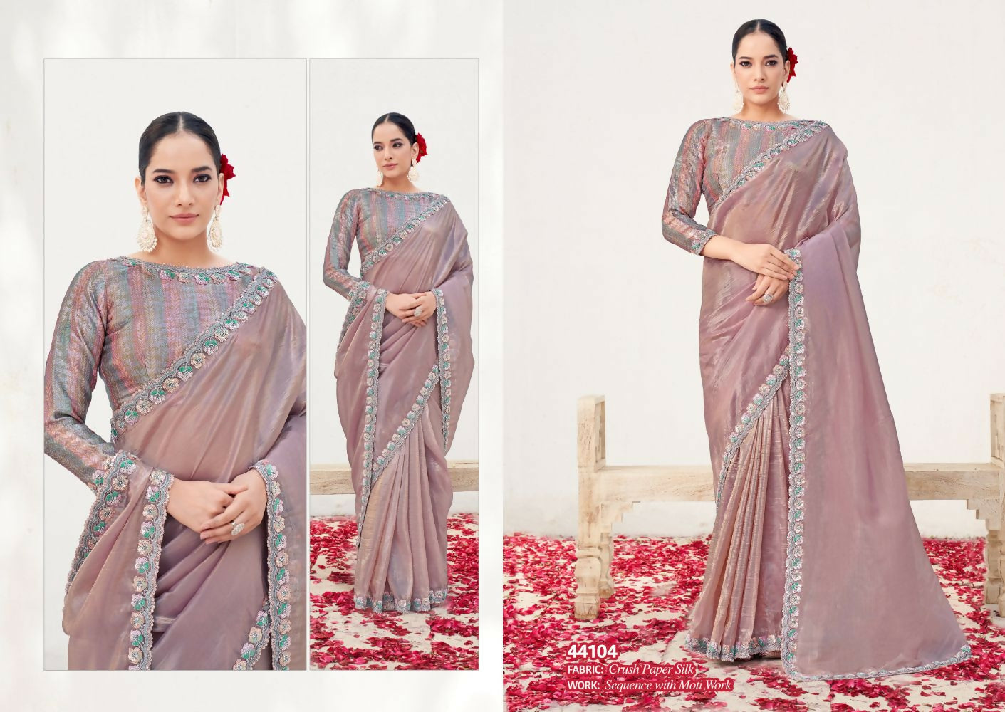 Pyaji Crush Paper Silk Moti work Saree with Unstitched Blouse - Norita Varya | Grocsy