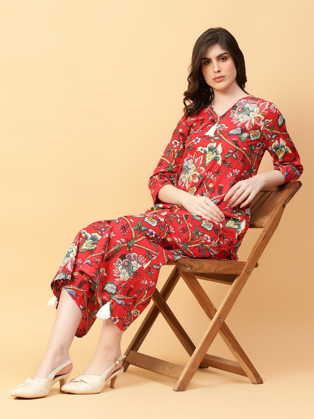 Joban Fashion Red Cotton Printed & Hand Work Co-ord Set | Grocsy