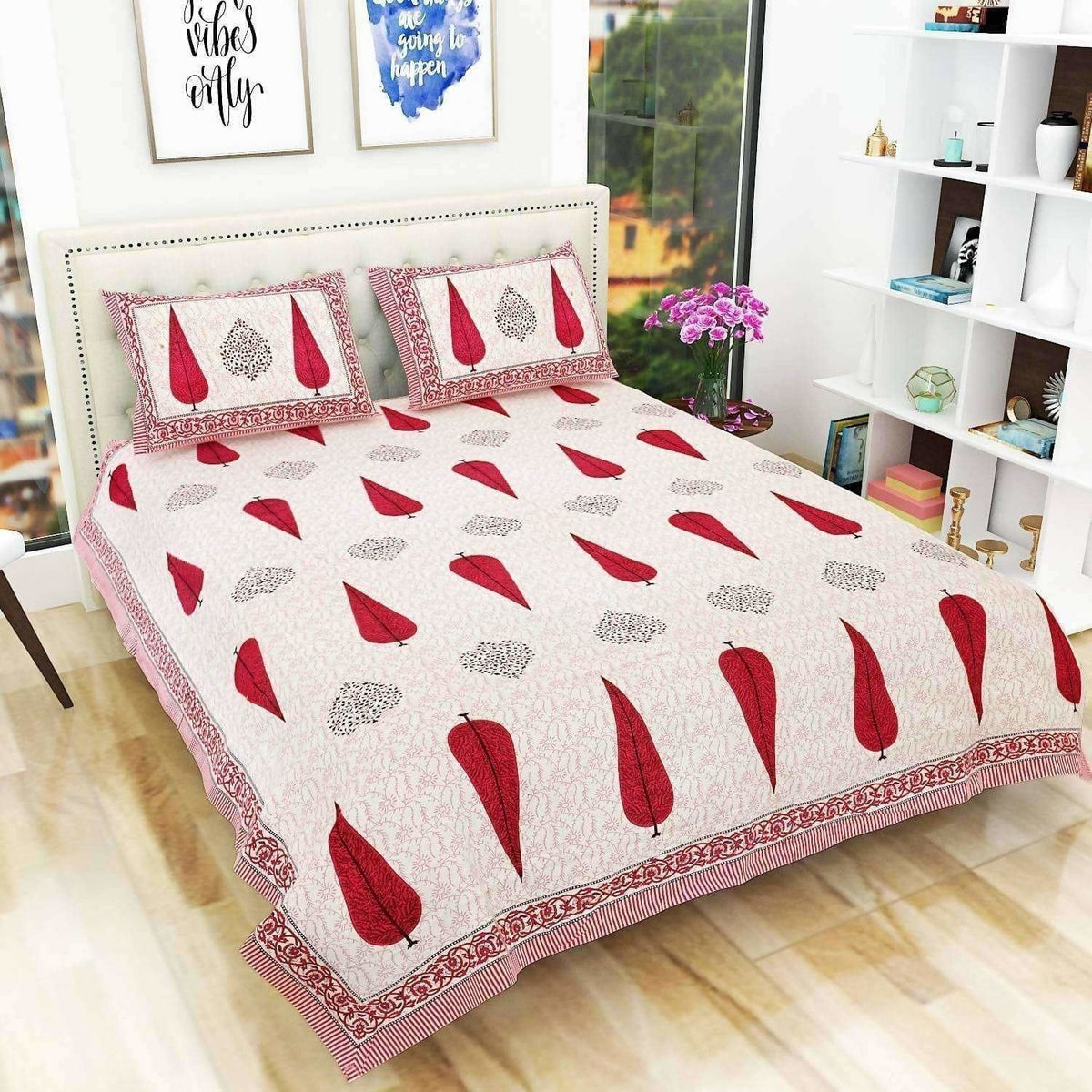 Queen Size 90x108 Inches Jaipuri Sanganeri Print Flat Bed Sheet Bedspread with 2 Pillowcases | Grocsy