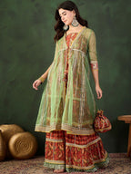 Sangria Printed Straight Kurta Sharara With Jacket Set | Grocsy