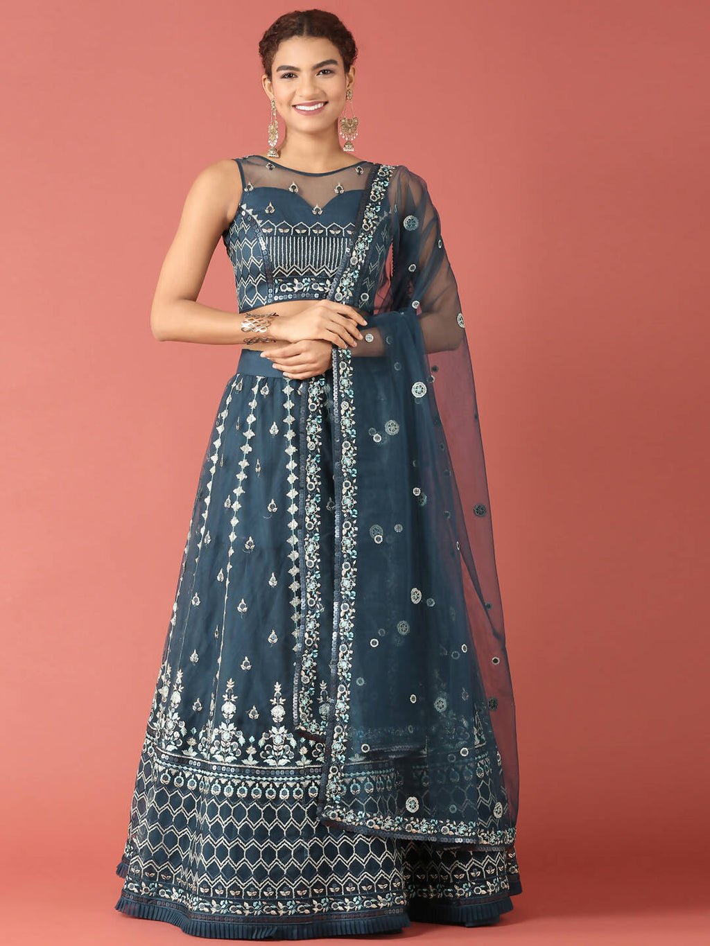 House of Panchhi Navy Blue Net Sequinse Work Lehenga & Blouse, Dupatta | Grocsy