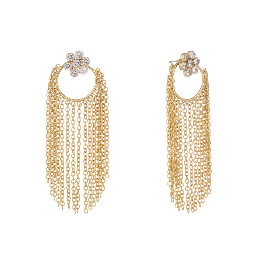 Nuyug 22K Gold Plated Crystal Studded Floral Stud Contemporary Dangler Earrings | Grocsy