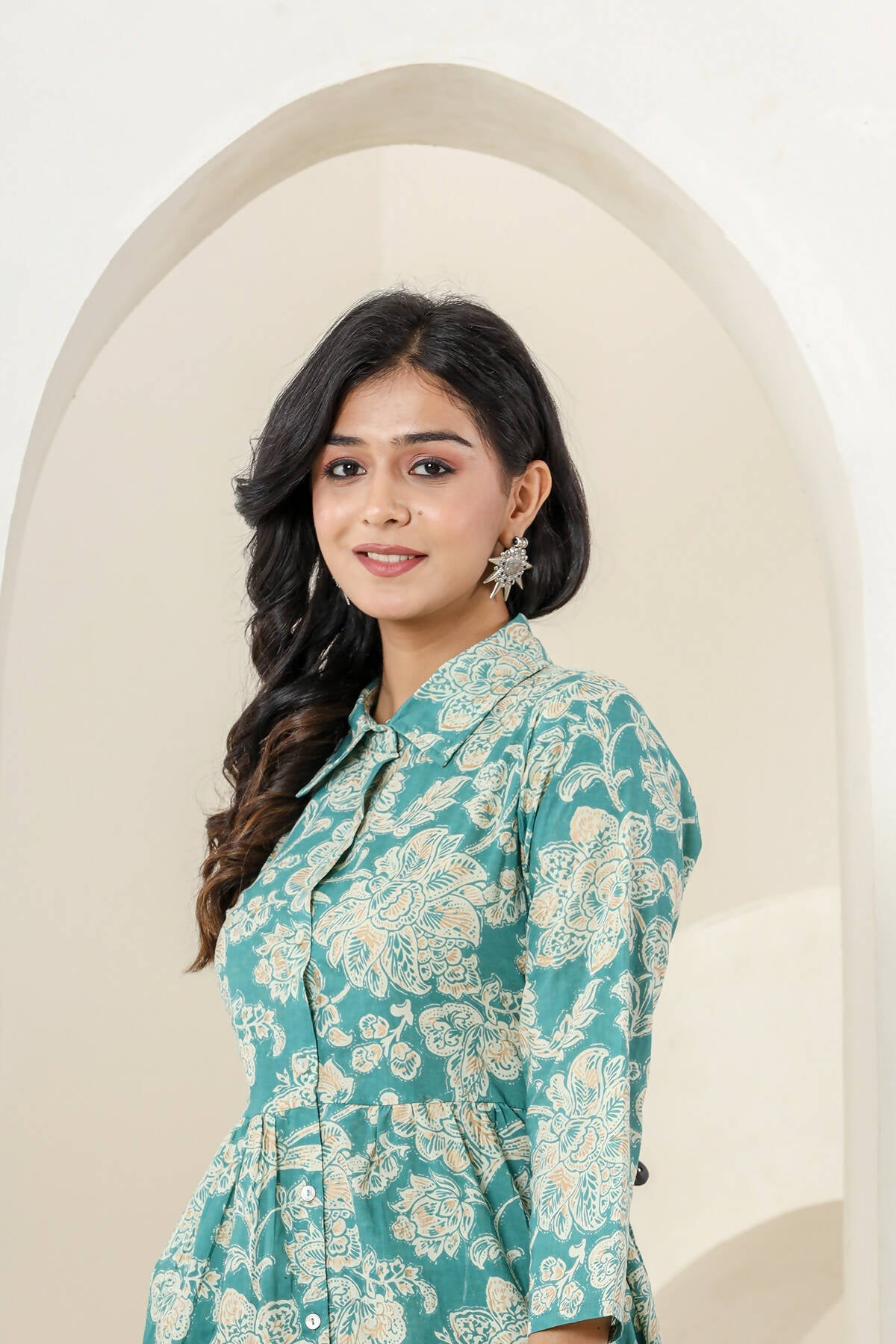 Kaajh Women's Turqouise Gold Print Cotton Co-ord Set | Grocsy