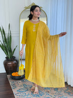 The52 Yellow Women's Beautiful Embroidered Rayon Fabric with Straight Kurta, Pant and Dupatta Set | Grocsy