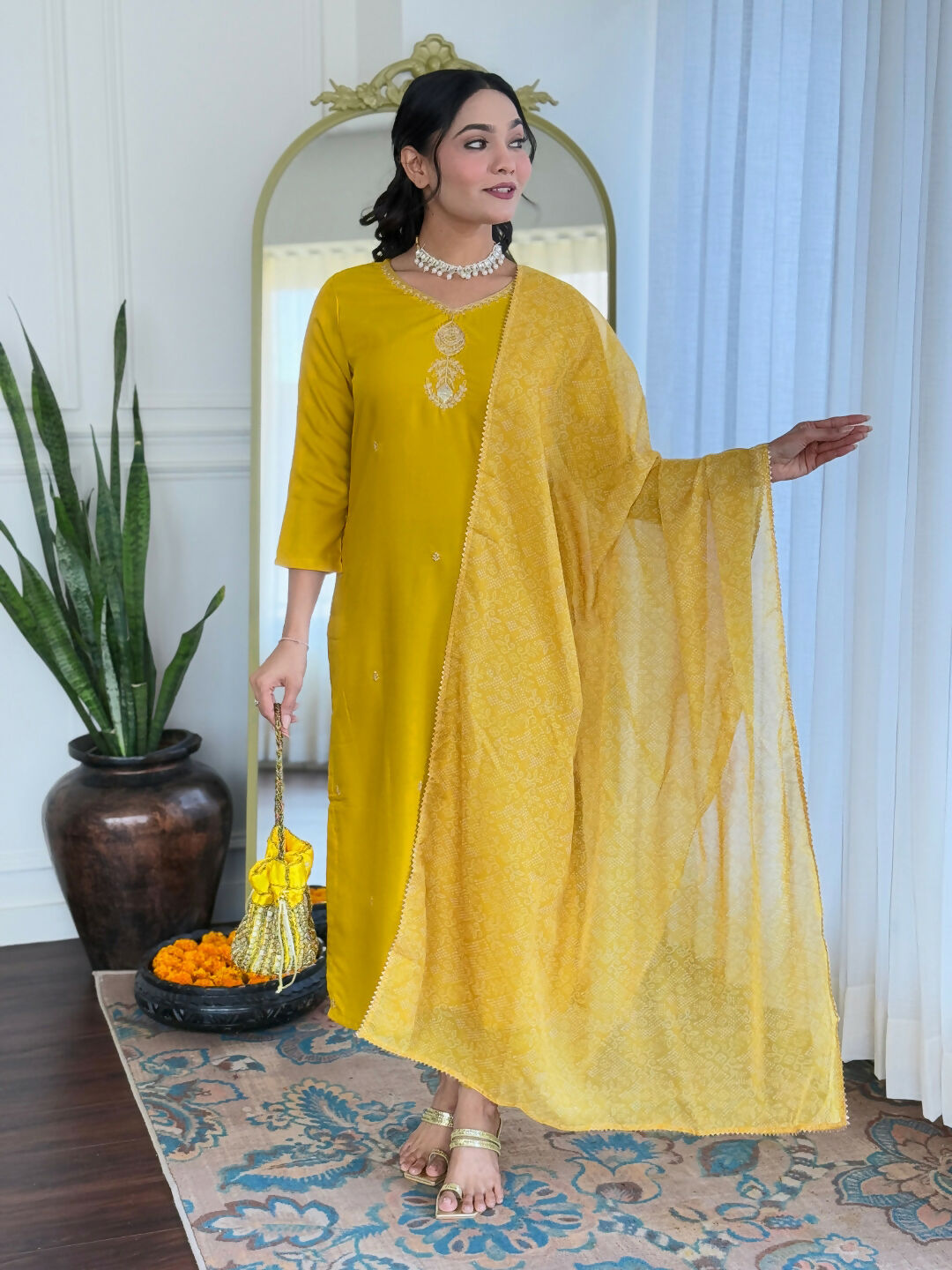 The52 Yellow Women's Beautiful Embroidered Rayon Fabric with Straight Kurta, Pant and Dupatta Set | Grocsy