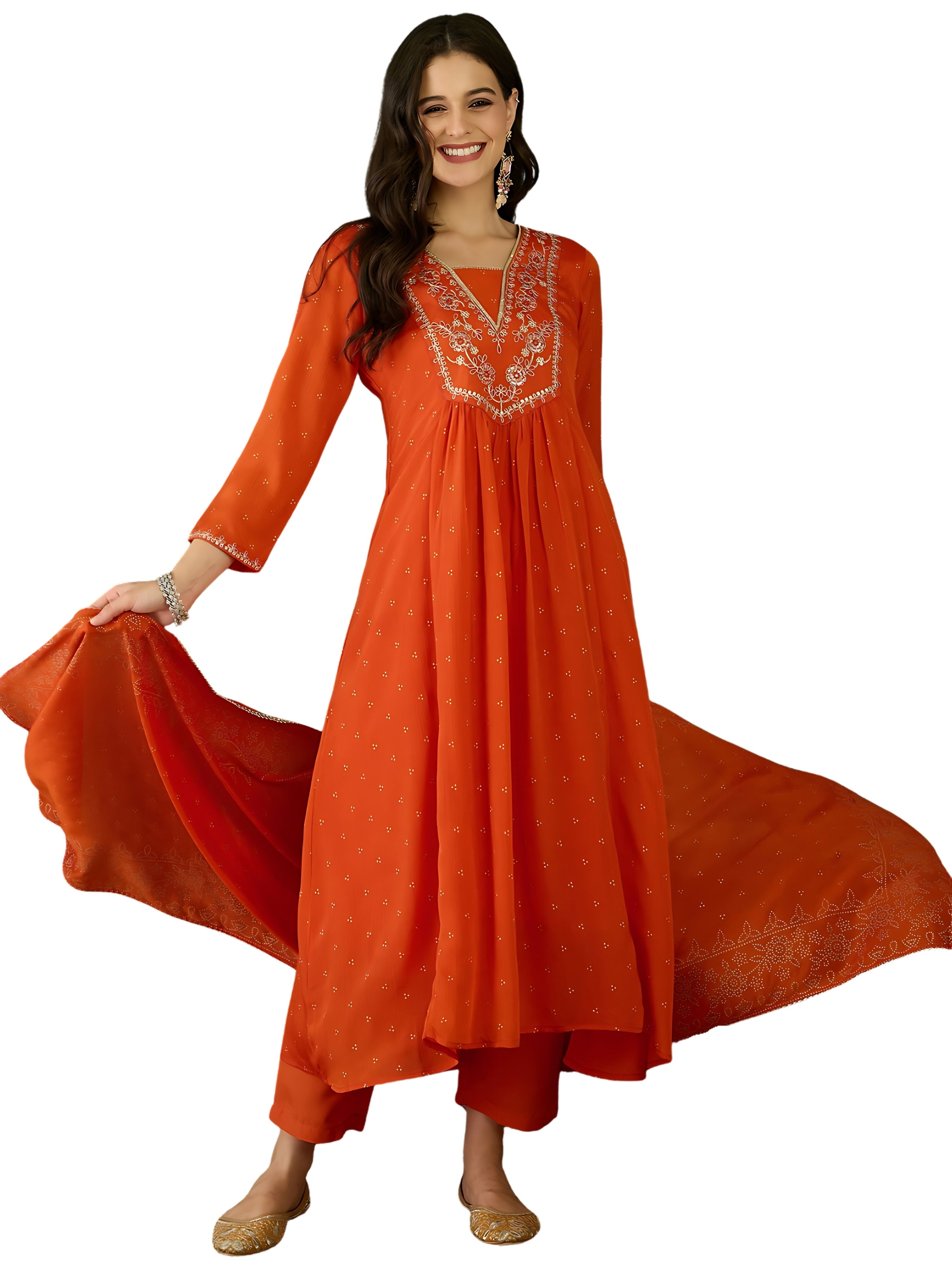 The52 Orange Women's Gorgeous Embroidered Chinon Fabric Flared Kurta Pant and Dupatta Set | Grocsy