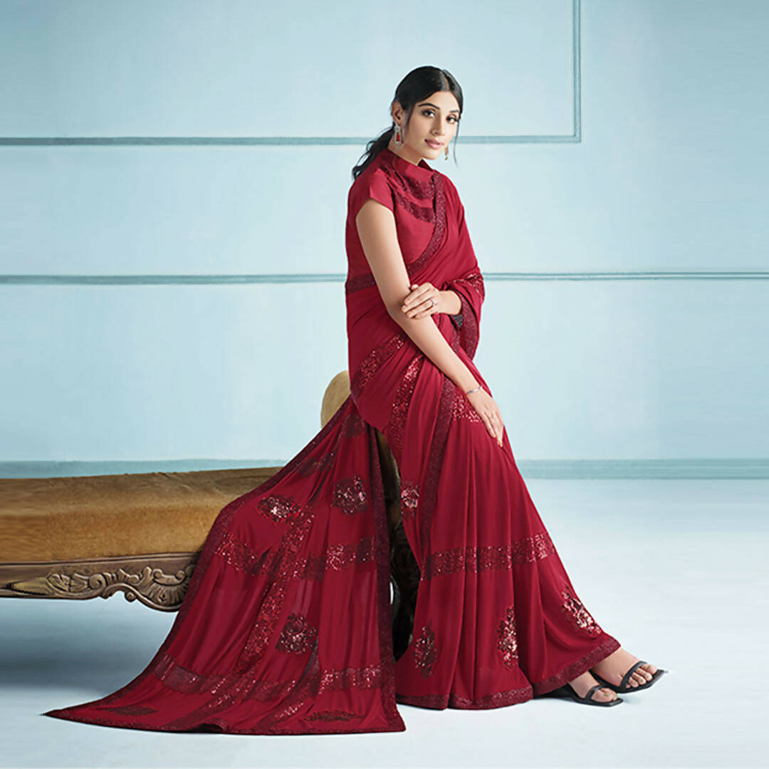Red Lycra Sequence Embroidery Saree with Unstitched Blouse Piece - Norita Elaura | Grocsy