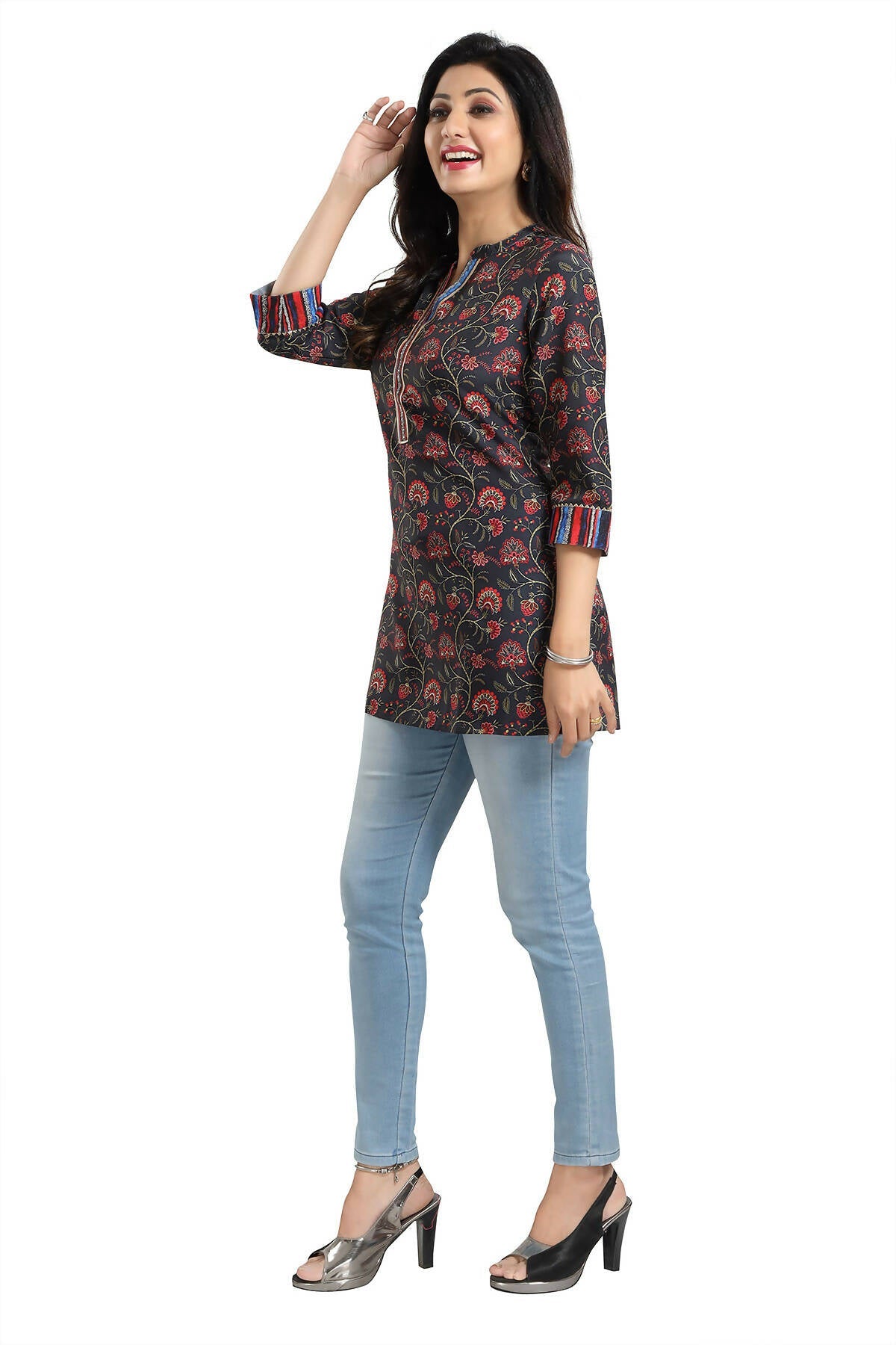 Snehal Creations Blissful Black Rayon Short Kurti Tunic Top | Grocsy
