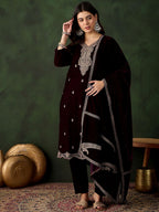 Sangria Floral Embroidered Straight Kurta & Trousers With Dupatta | Grocsy