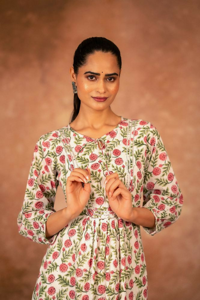 Joban Fashion Red Floral Hand Block Printed Cotton Kurta Pant Set | Grocsy