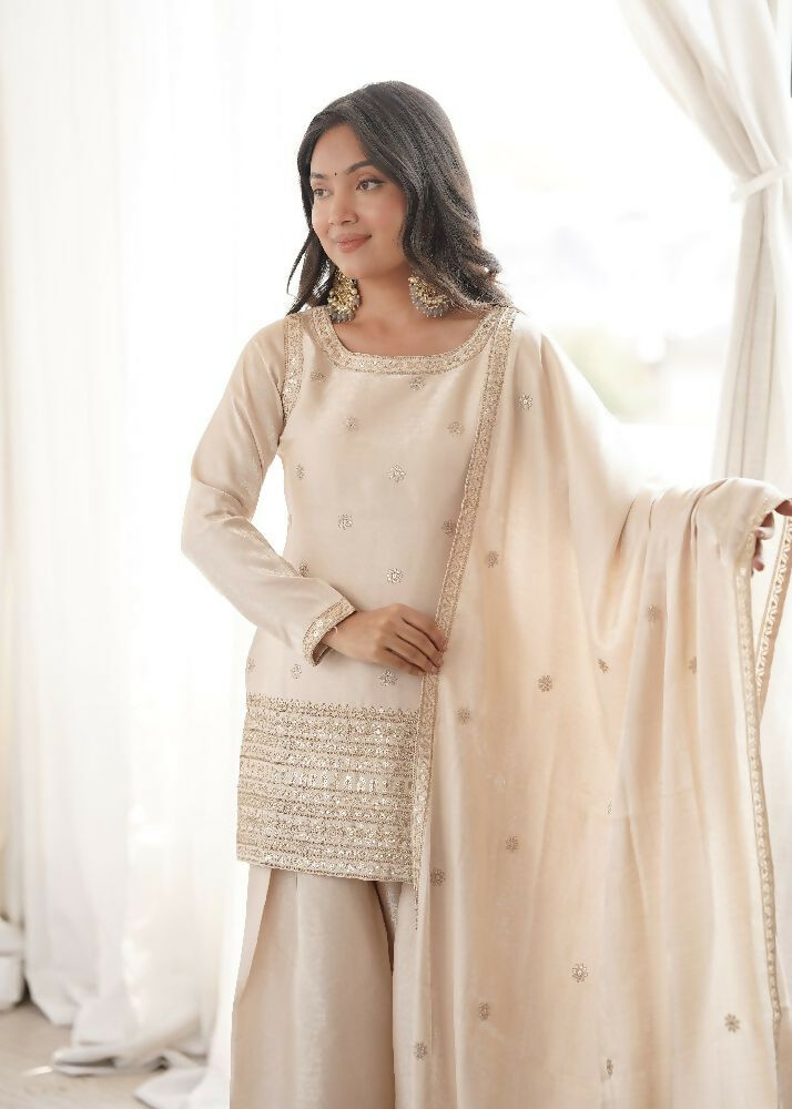 Teeya Creation Beige Silk Embroidered Kurta Salwar Suit Set With Dupatta | Grocsy