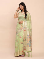 Shree Shyam Fashion Linen Cotton Light Green Saree | Grocsy