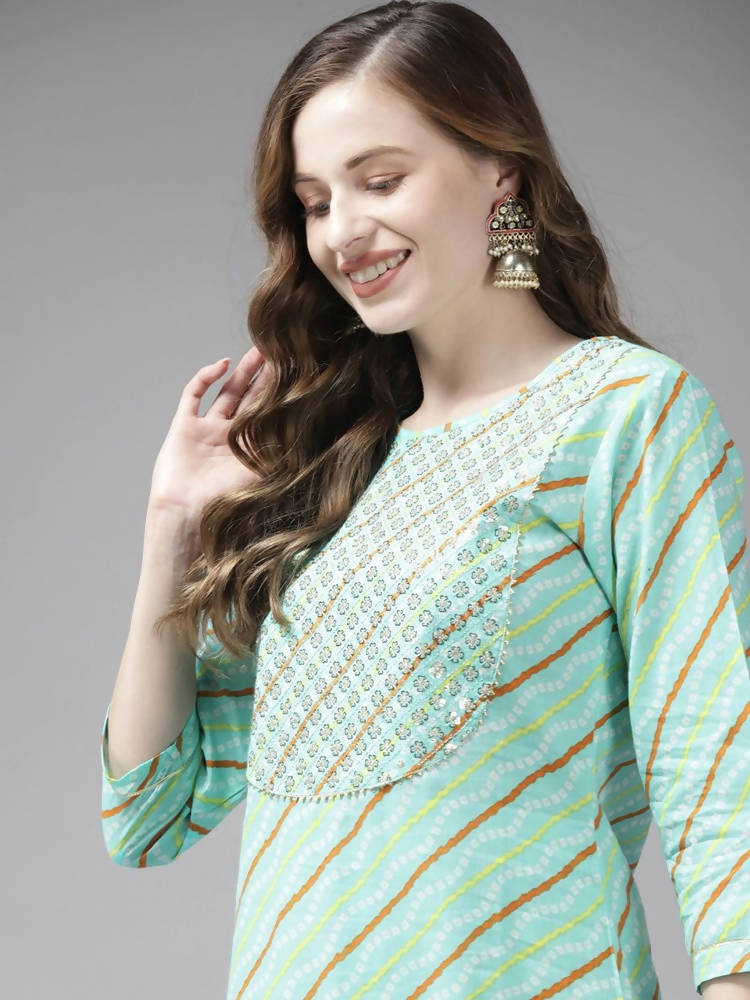 Yufta Women Sea Green Bandhani Striped Regular Sequined Pure Cotton Kurta with Palazzo | Grocsy