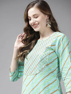Yufta Women Sea Green Bandhani Striped Regular Sequined Pure Cotton Kurta with Palazzo | Grocsy