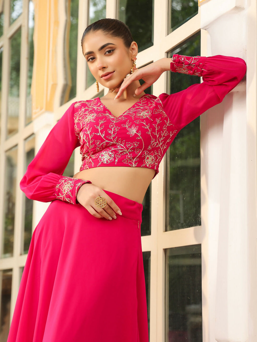 Janasya Pink Georgette Embroidered Top & Skirt | Grocsy