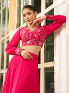 Janasya Pink Georgette Embroidered Top & Skirt | Grocsy