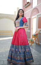 Jyoti Fashion Women's Rani Pink Patola with Foil Print Dola Silk Anarkali Dress | Grocsy
