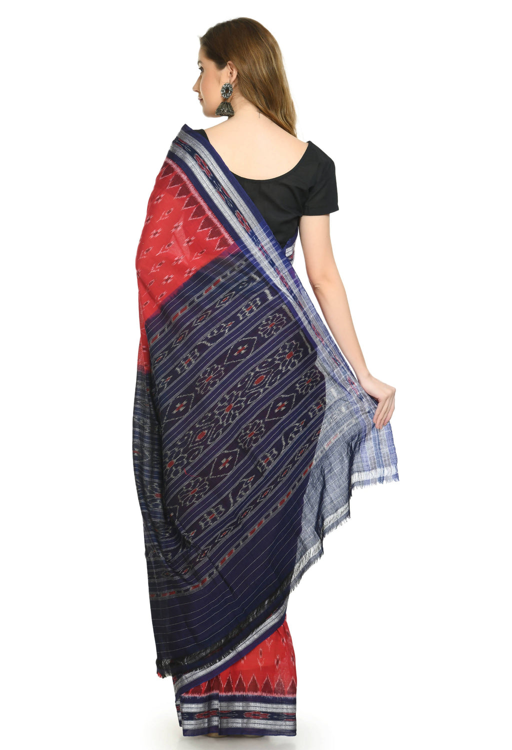 Vamika Sambalpuri Ikat Cotton Dehabandha Badafula Red & Blue Saree | Grocsy