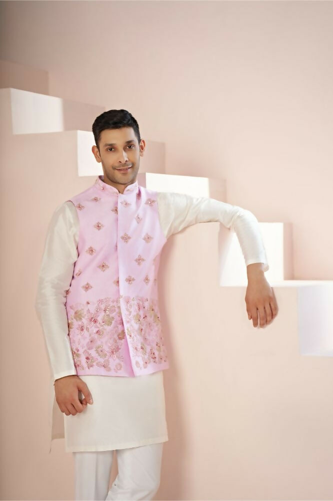 Lavender Pink Hand Embroidered Nehru Jacket by Hilo Design | Grocsy