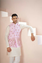 Lavender Pink Hand Embroidered Nehru Jacket by Hilo Design | Grocsy