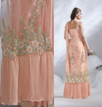 Peach Crepe Satin Silk Designer Ready to wear saree with stithced Blouse - Mohmanthan Aura | Grocsy