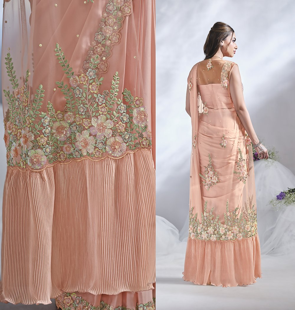 Peach Crepe Satin Silk Designer Ready to wear saree with stithced Blouse - Mohmanthan Aura | Grocsy