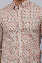 Miravan Men's Beige Pure Cotton Handblock Floral Print Shirt | Grocsy