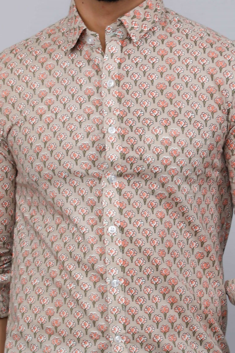 Miravan Men's Beige Pure Cotton Handblock Floral Print Shirt | Grocsy