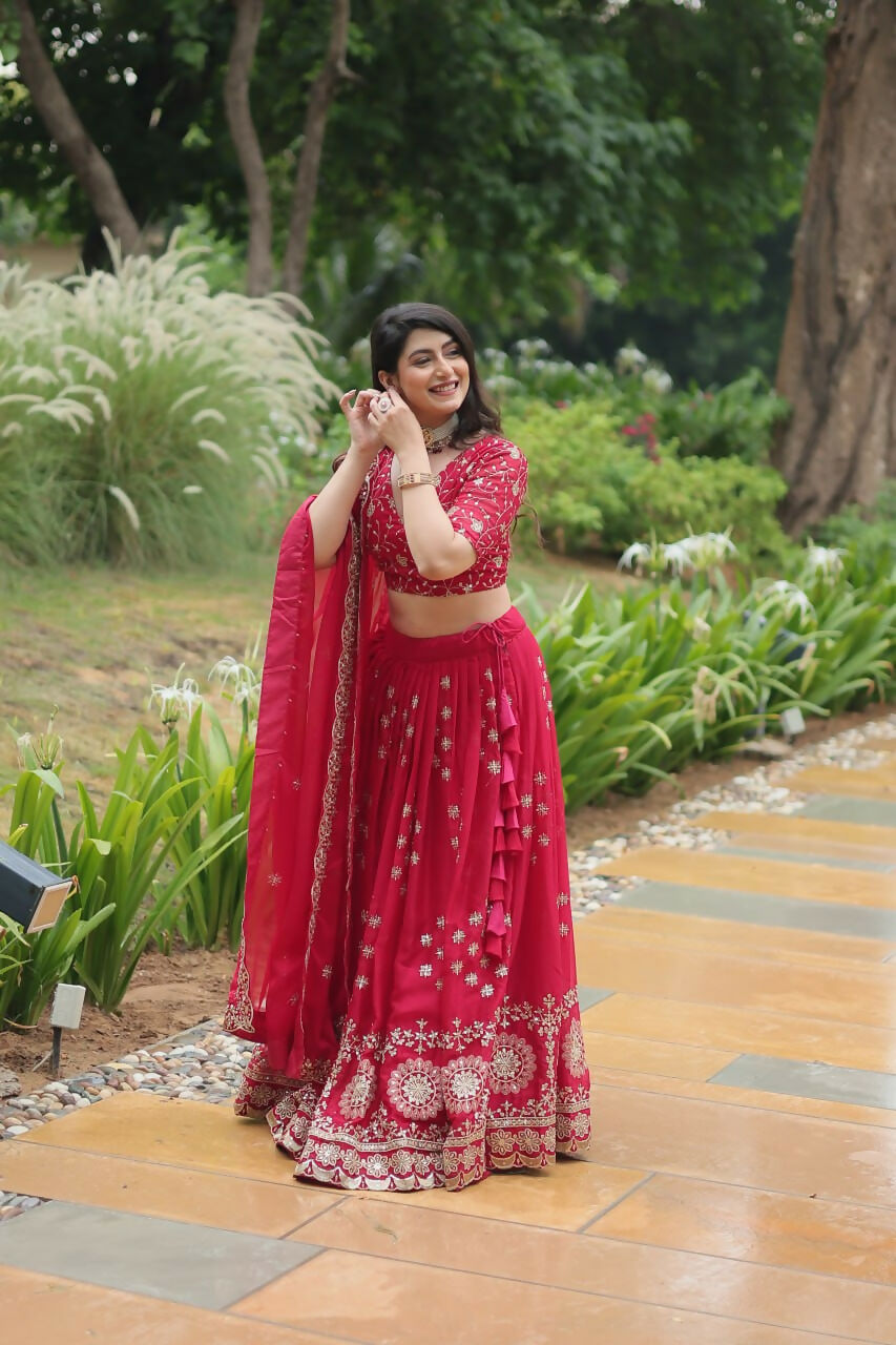 Vastranavya Designer Heavy Sequins & Thread Embroidered work Lehenga Choli - Red | Grocsy