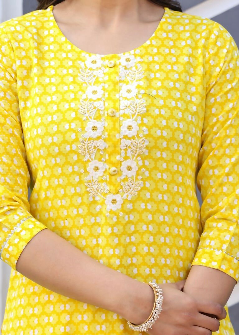 Alvano Printed Beautiful Straight Kurti with Pant and Dupatta set for Women and Girls (Yellow) | Grocsy