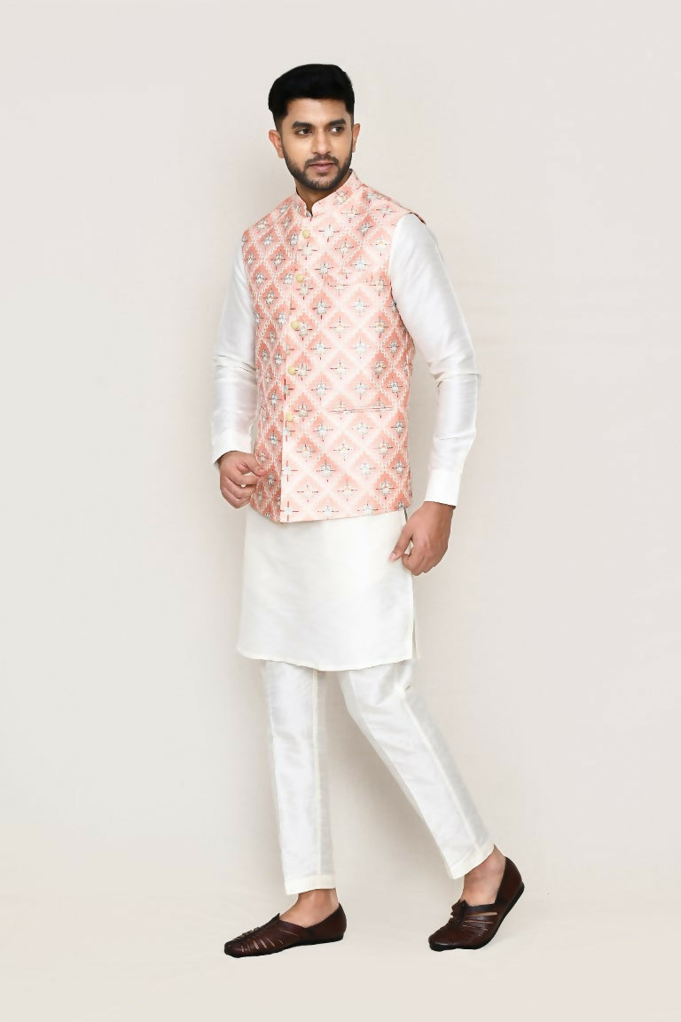 Joban Fashion White Colored Art Silk Fabric Kurta, Jacket With Straight Fit Pant | Grocsy