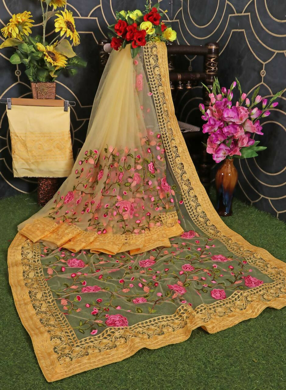 Teeya Creation Womens Latest Stylish Party Wear Soft Net Saree-Yellow | Grocsy