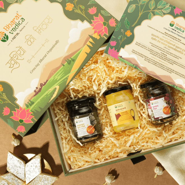 Bharat Vedica Gift Hamper (125g Ajwain Honey, 125g Gulkand Honey, 125ml A2 Cow Ghee) | Grocsy
