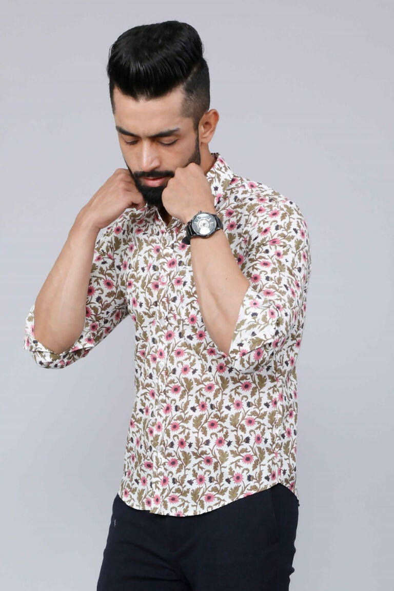Miravan Men's Cotton Printed Full Sleeve Slim Fit Spread Neck White & Pink Colour Shirt | Grocsy