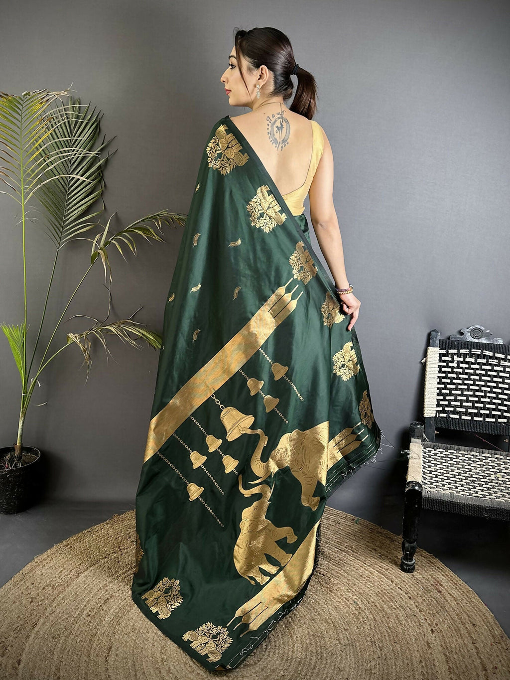Joban Fashion Bottle Green Motifs Zari Weaving Soft Silk Banarasi Saree | Grocsy